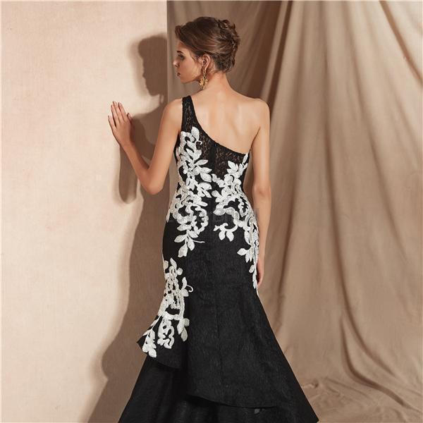 One Shoulder Ruffle Black Mermaid Evening Prom Dresses, Evening Party Prom Dresses, 12075