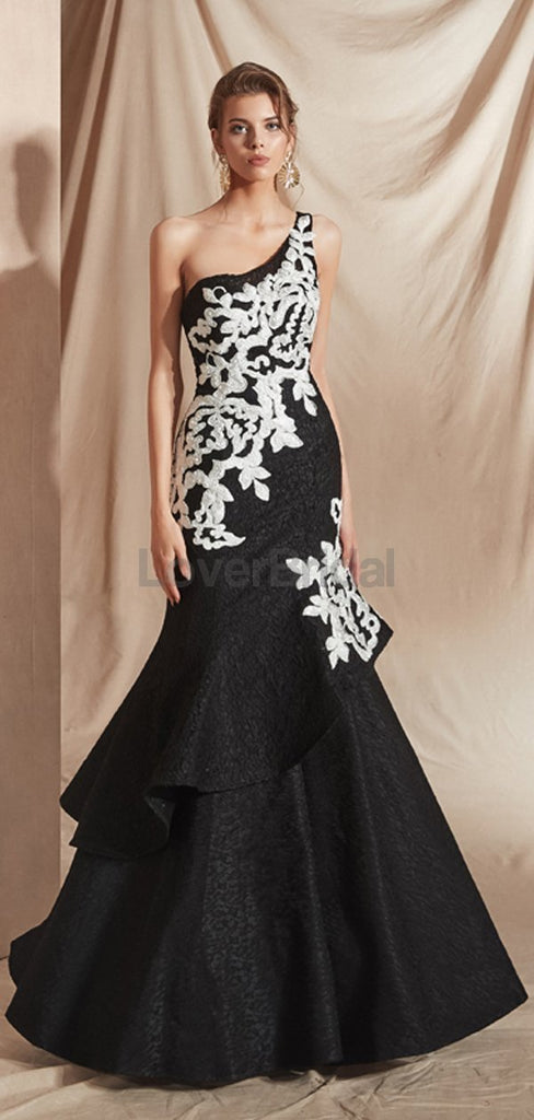 One Shoulder Ruffle Black Mermaid Evening Prom Dresses, Evening Party Prom Dresses, 12075
