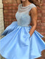 Open Back Blue Cap Sleeve Soop Short Cheap Homecoming Dresses Online, CM564