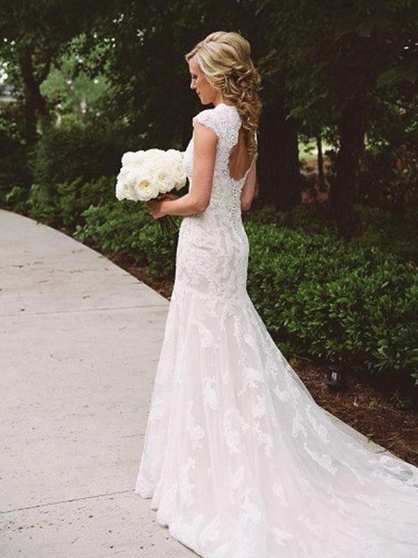 Open Back Cap Sleeves Lace Mermaid Long Wedding Bridal Dresses, WD291