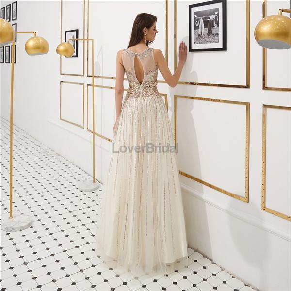 Open Back Cowl Rhinestone Beaded Evening Prom Dresses, Evening Party Prom Dresses, 12088