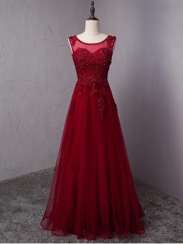 Open Back Dark Red Lace Beaded A-line Long Evening Prom Dresses, 17625