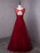 Open Back Dark Red Lace Beaded A-line Long Evening Prom Dresses, 17625