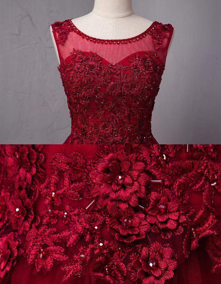 Open Back Dark Red Lace Beaded A-line Long Evening Prom Dresses, 17625