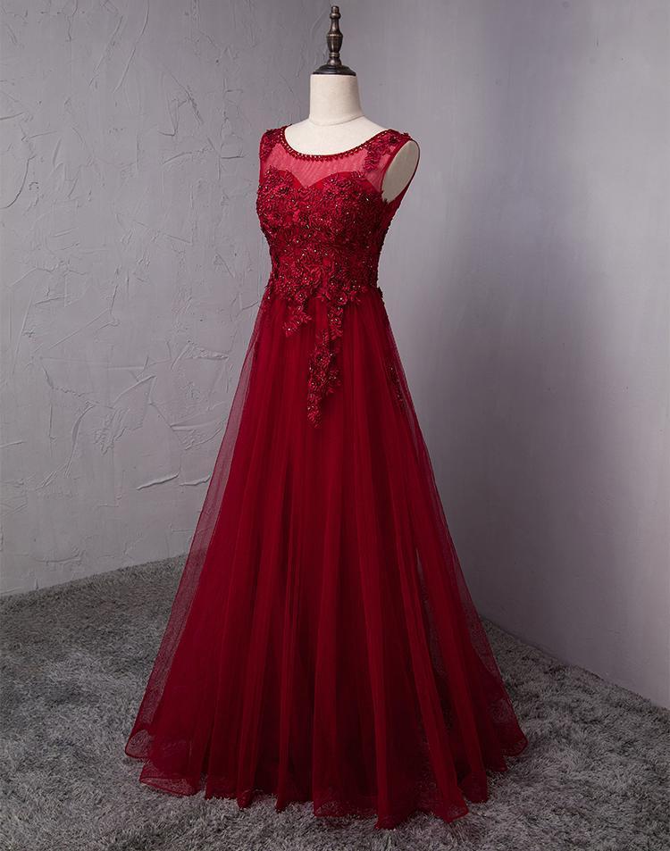 Open Back Dark Red Lace Beaded A-line Long Evening Prom Dresses, 17625