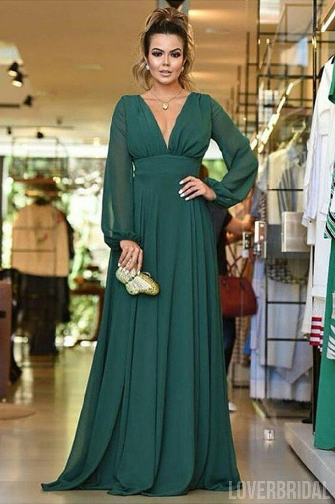 Open Back Long Sleeves Green Chiffon Cheap Bridesmaid Dresses Online, WG760