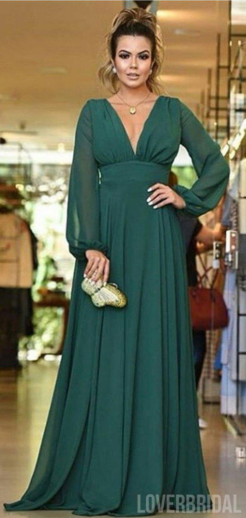 Open Back Long Sleeves Green Chiffon Cheap Bridesmaid Dresses Online, WG760