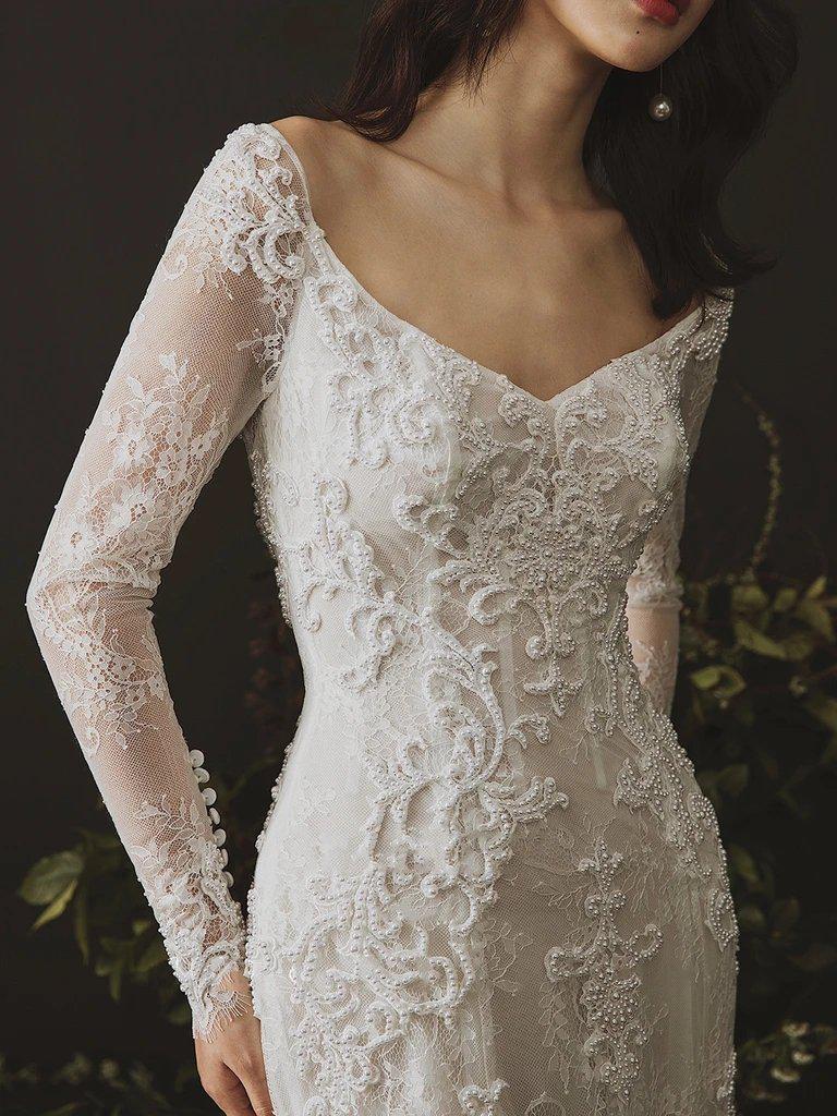 Open Back Long Sleeves Lace Mermaid Wedding Dresses Online, Cheap Bridal Dresses, WD631