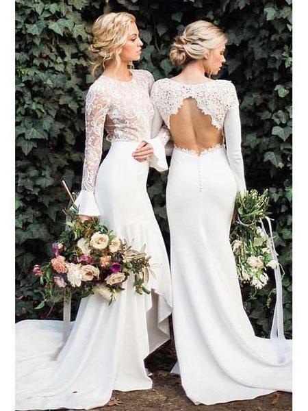 Open Back Long Sleeves Mermaid Cheap Wedding Dresses Online, Cheap Bridal Dresses, WD545