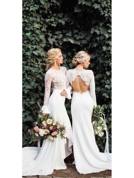 Open Back Long Sleeves Mermaid Cheap Wedding Dresses Online, Cheap Bridal Dresses, WD545