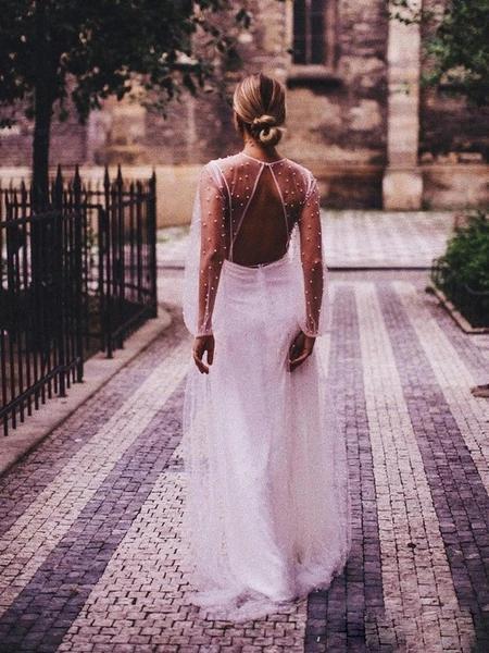 Open Back Long Sleeves Pearls Beaded Cheap Wedding Dresses Online, Cheap Unique Bridal Dresses, WD608