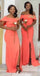 Orange Mermaid Off Shoulder Side Slit Cheap Long Bridesmaid Dresses Online,WG989