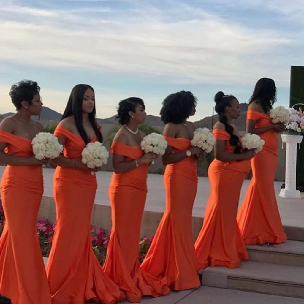 Orange Mermaid Off Shoulder V-neck Long Bridesmaid Dresses Gown Online,WG946