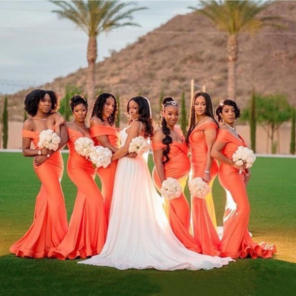 Orange Mermaid Off Shoulder V-neck Long Bridesmaid Dresses Gown Online,WG946