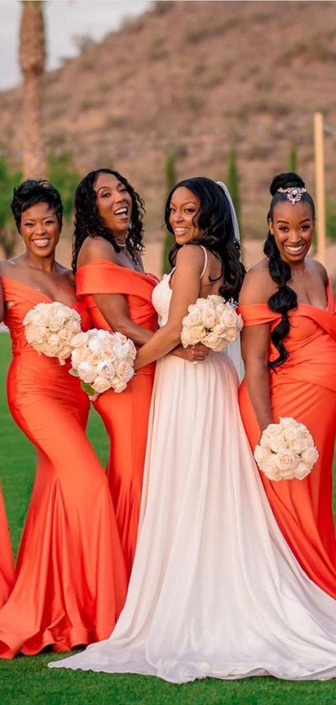 Orange Mermaid Off Shoulder V-neck Long Bridesmaid Dresses Gown Online,WG946