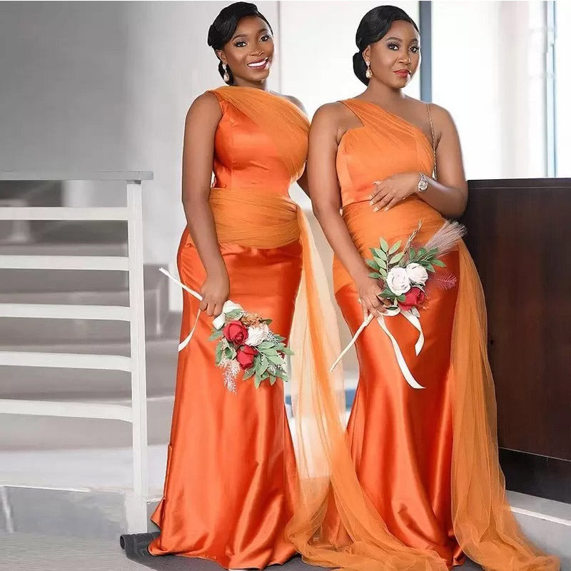 Orange Mermaid One Shoulder Cheap Long Bridesmaid Dresses,WG1256