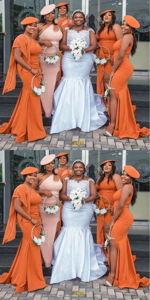 Orange Mermaid One Shoulder Cheap Long Bridesmaid Dresses,WG1337