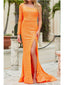 Orange Mermaid One Shoulder Long Sleeves Side Slit Cheap Prom Dresses,12907