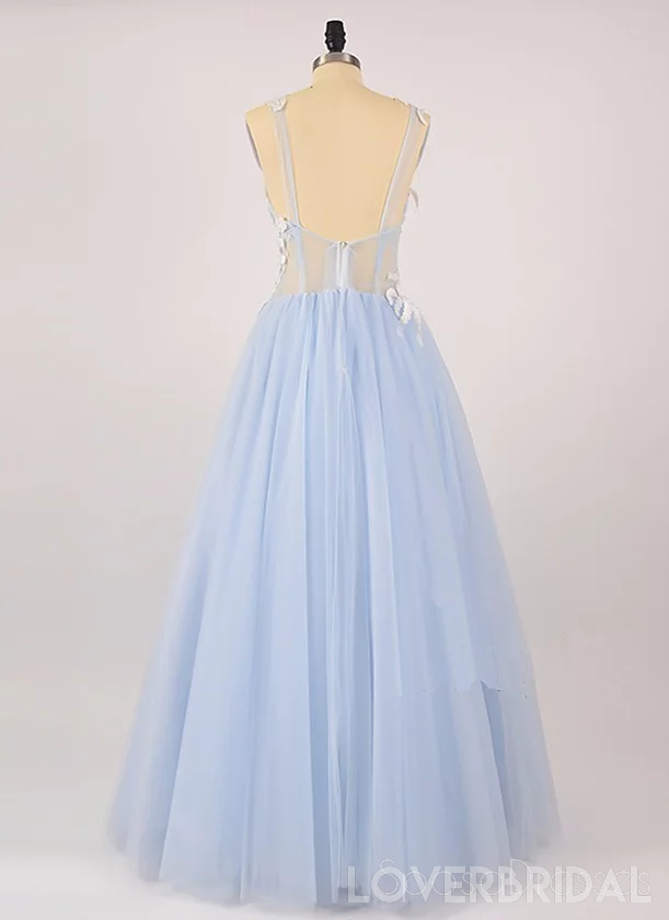 Pale Blue See Through Lace Cheap Long Evening Prom Dresses, Cheap Custom Sweet 16 Dresses, 18518