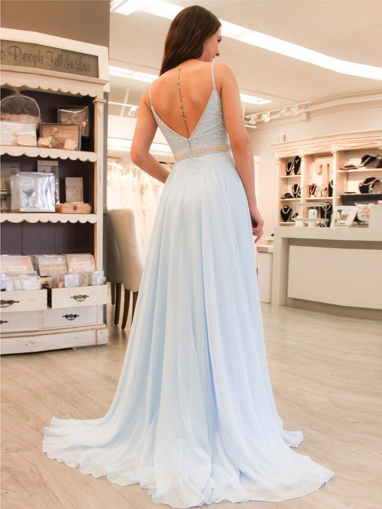 Pale Blue Sexy Backless V Neck Spaghetti Straps Long Evening Prom Dresses, 17650