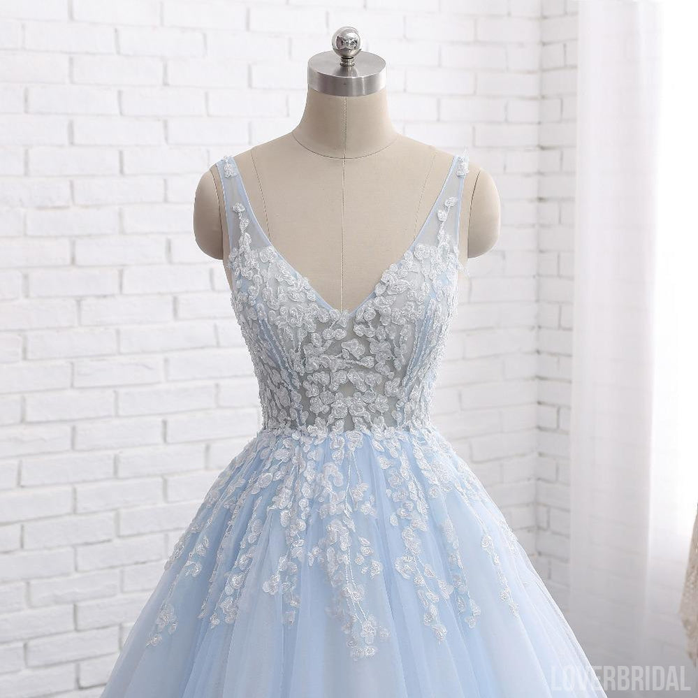 Pale Blue V Neckline A line Tulle Lace Beaded Evening Prom Dresses, Popular Sweet 16 Party Prom Dresses, Custom Long Prom Dresses, Cheap Formal Prom Dresses, 17171