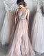 Pale Blush Pink Sexy Deep V Neckline Lace Beaded Long Evening Prom Dresses, Popular Cheap Long Party Prom Dresses, 17302