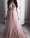 Pale Blush Pink Sexy Deep V Neckline Lace Beaded Long Evening Prom Dresses, Popular Cheap Long Party Prom Dresses, 17302