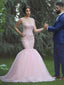 Pale Pink Cap Sleeve Lace Beaded Mermaid Wedding Dresses Online, WD427