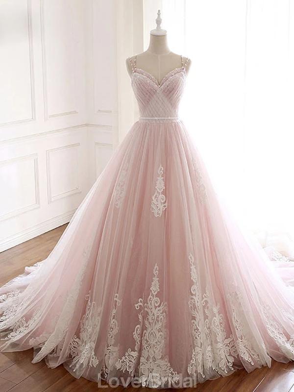 Pale Pink Lace Beaded A-line Long Evening Prom Dresses, Evening Party Prom Dresses, 12209