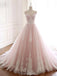 Pale Pink Lace Beaded A-line Long Evening Prom Dresses, Evening Party Prom Dresses, 12209