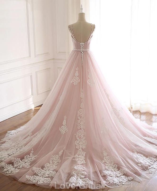 Pale Pink Lace Beaded A-line Long Evening Prom Dresses, Evening Party Prom Dresses, 12209