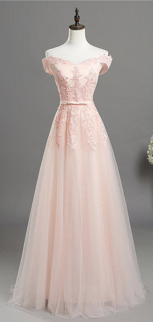 Pale Pink Off Shoulder Lace A-line Long Evening Prom Dresses, Cheap Sweet 16 Dresses, 18352