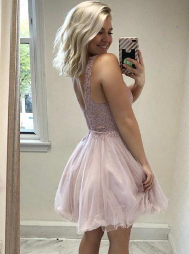 Pale Pink V Neck Backless Lace Cheap Short Homecoming Dresses Online, CM657