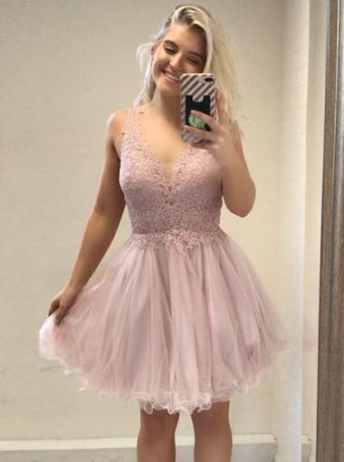 Pale Pink V Neck Backless Lace Cheap Short Homecoming Dresses Online, CM657
