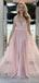 Pale Pink V Neck Side Slit Tulle Long Evening Prom Dresses, Cheap Custom Sweet 16 Dresses, 18479