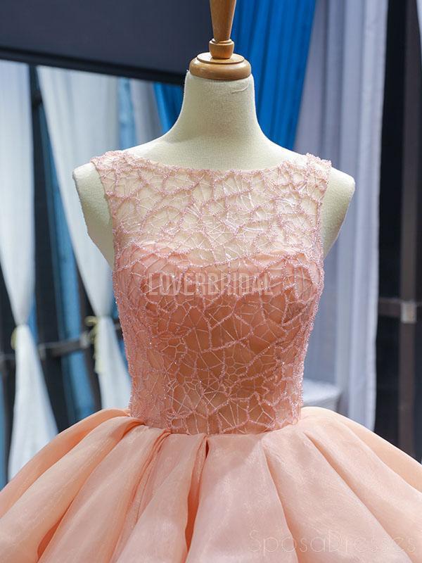 Peach Lace Beaded Ruffle Ball Gown Evening Prom Dresses, Evening Party Prom Dresses, 12253