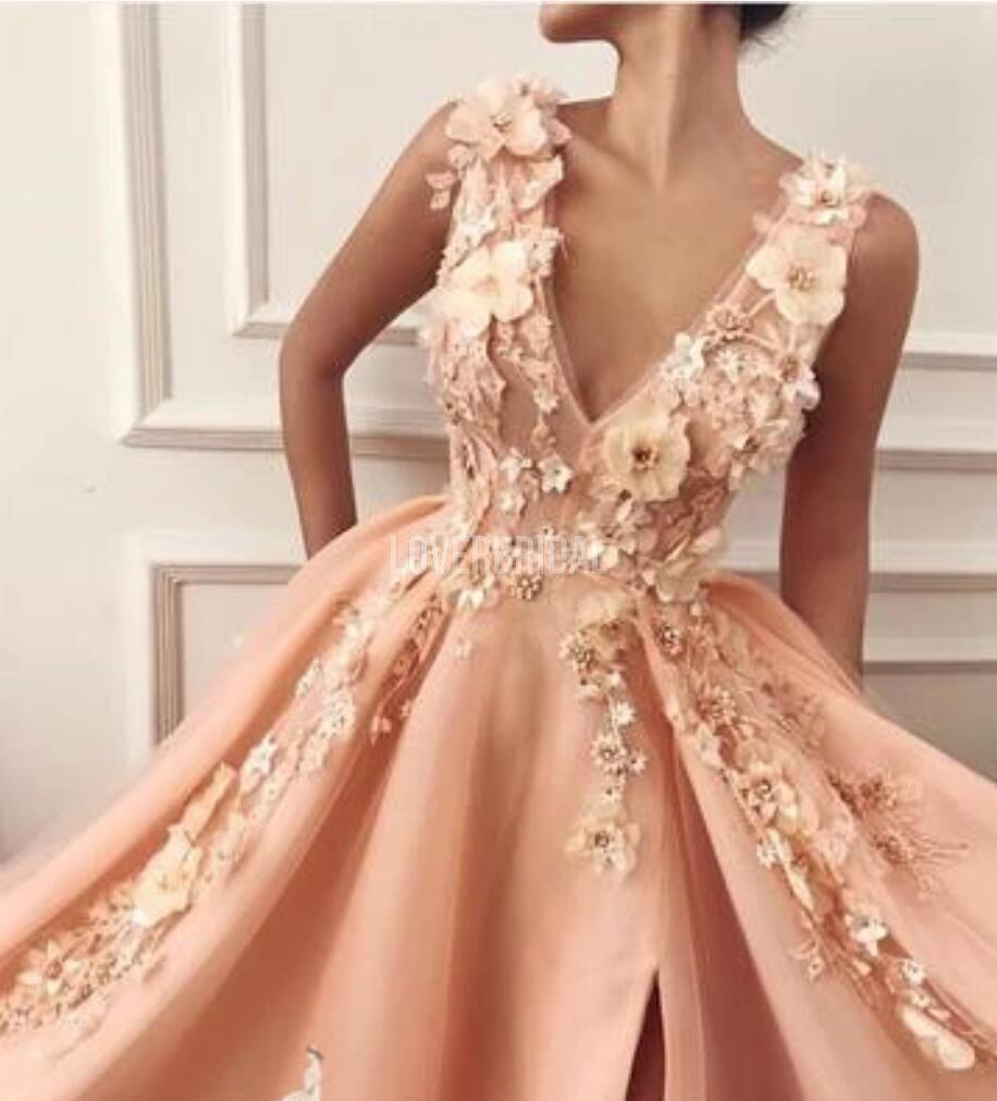 Peach Side Slit Applique Beaded Long Evening Prom Dresses, Evening Party Prom Dresses, 12222