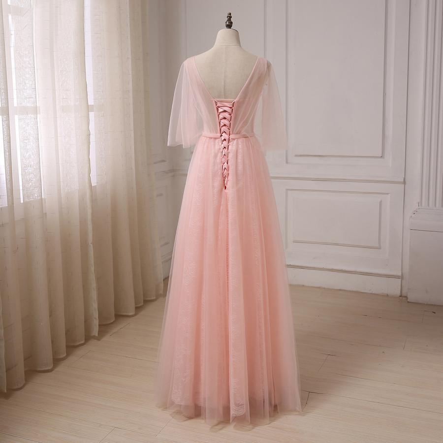 Peach Tulle Beaded Short Sleeve Long Evening Prom Dresses, Popular Cheap Long Party Prom Dresses, 17245