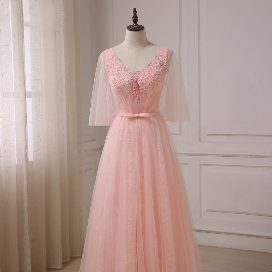 Peach Tulle Beaded Short Sleeve Long Evening Prom Dresses, Popular Cheap Long Party Prom Dresses, 17245