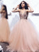 Peach Tulle Rose Gold Beaded Long Evening Prom Dresses, Cheap Custom Sweet 16 Dresses, 18547