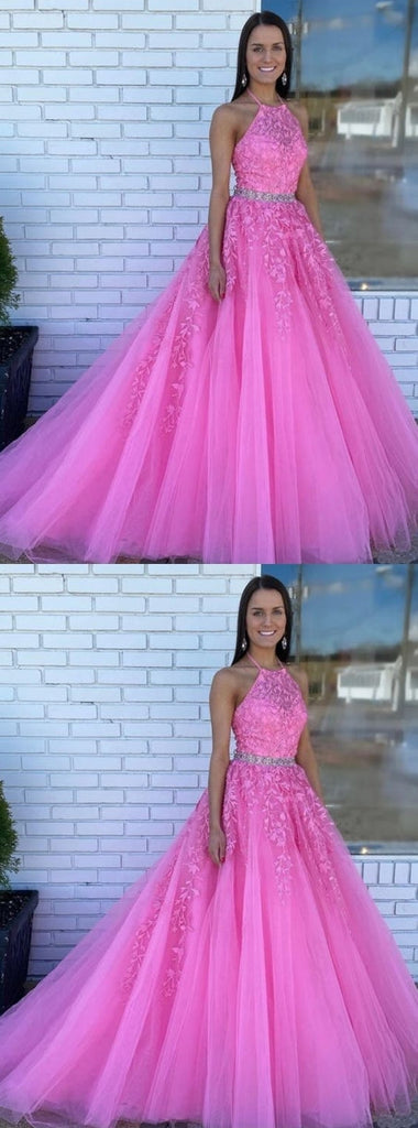 Pink A-line Halter Cheap Long Prom Dresses, Evening Party Dresses,12746