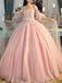 Pink A-line Off Shoulder Long Sleeves Floral Party Prom Dresses, Ball Gown Dresses,12341