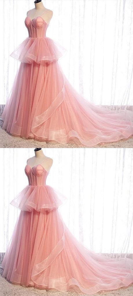 Pink A-line Spaghetti Straps V-neck Long Prom Dresses Online, Dance Dresses,12494