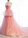 Pink A-line Spaghetti Straps V-neck Long Prom Dresses Online, Dance Dresses,12494