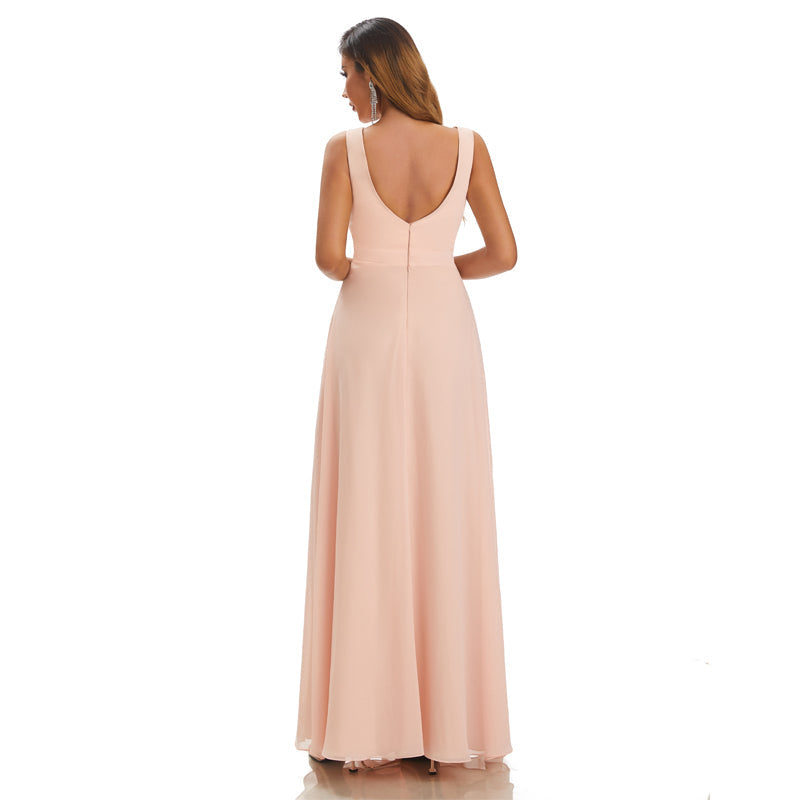 Pink A-line Straps V-neck Cheap Chiffon Long Bridesmaid Dresses,WG1421