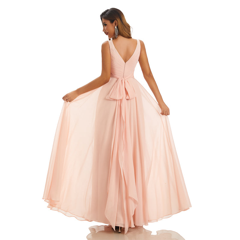 Pink A-line Straps V-neck Cheap Chiffon Long Bridesmaid Dresses,WG1423