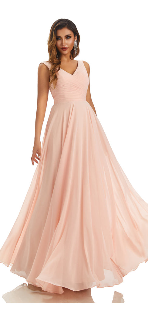 Pink A-line Straps V-neck Cheap Chiffon Long Bridesmaid Dresses,WG1423