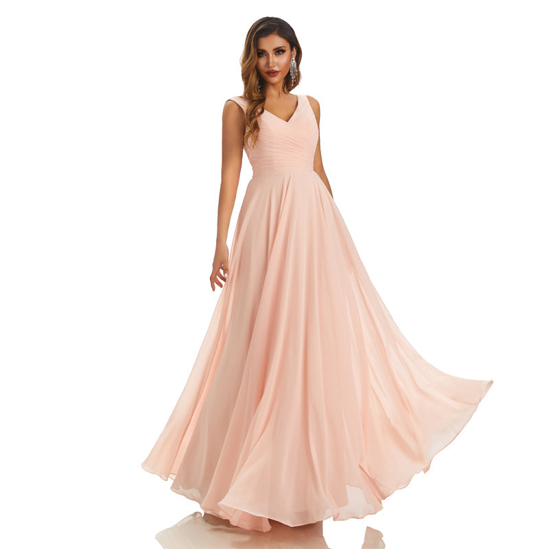 Pink A-line Straps V-neck Cheap Chiffon Long Bridesmaid Dresses,WG1423