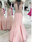 Pink Cap Sleeve Beaded V Neck Mermaid Long Evening Prom Dresses, 17518