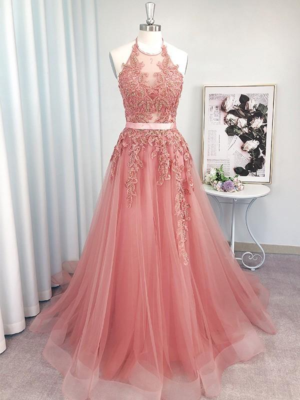 Pink Halter A-line Sleeveless Long Prom Dresses Online,Dance Dresses,12481